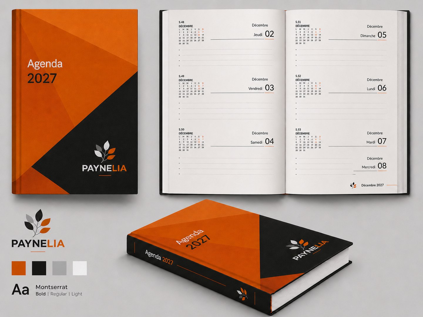 Agenda semainier 2027 personnalisé Paynelia : couverture, dos et double page intérieure (visuel d’illustration)