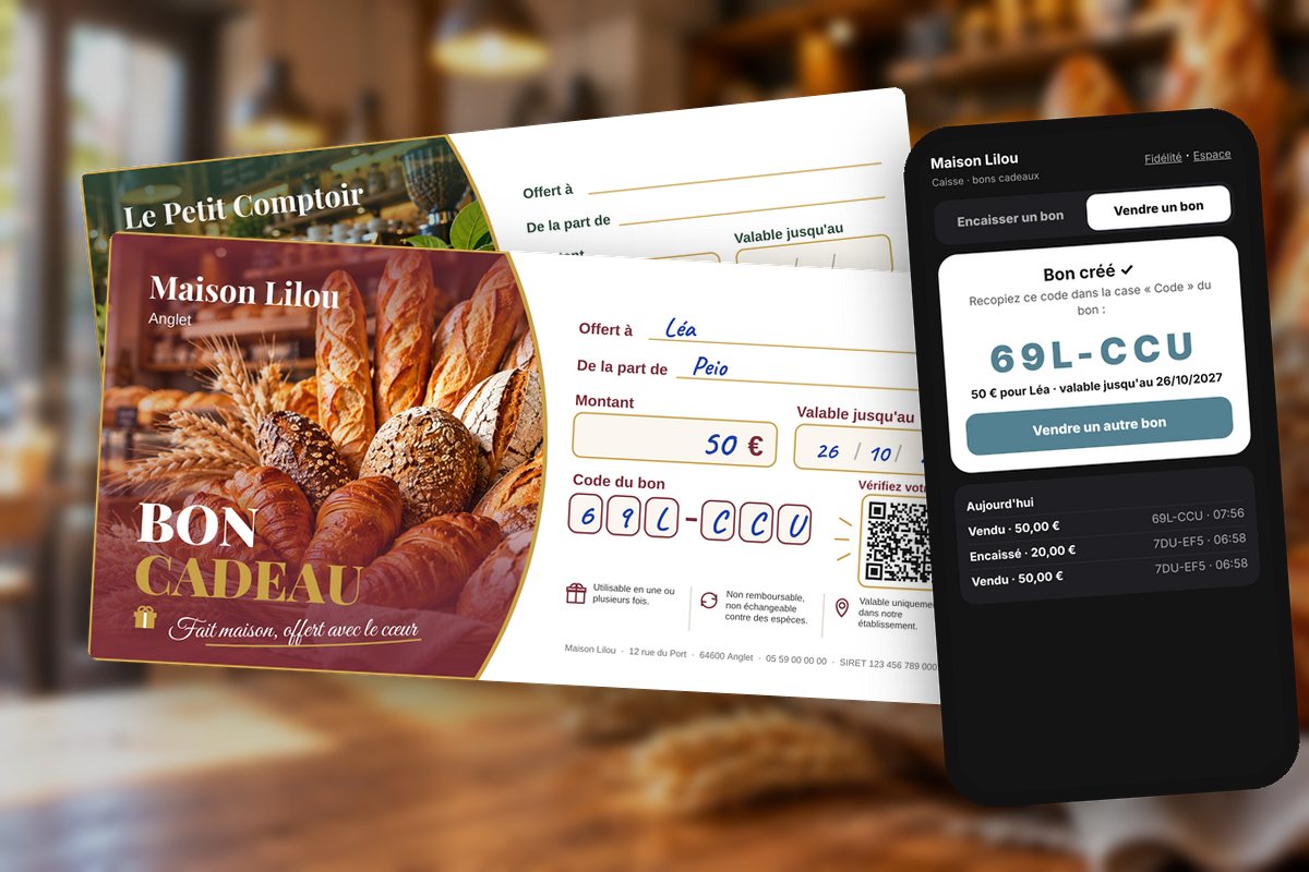 Bons cadeaux à l'enseigne d'une boulangerie, code recopié à la main et caisse des bons sur téléphone — Paynelia