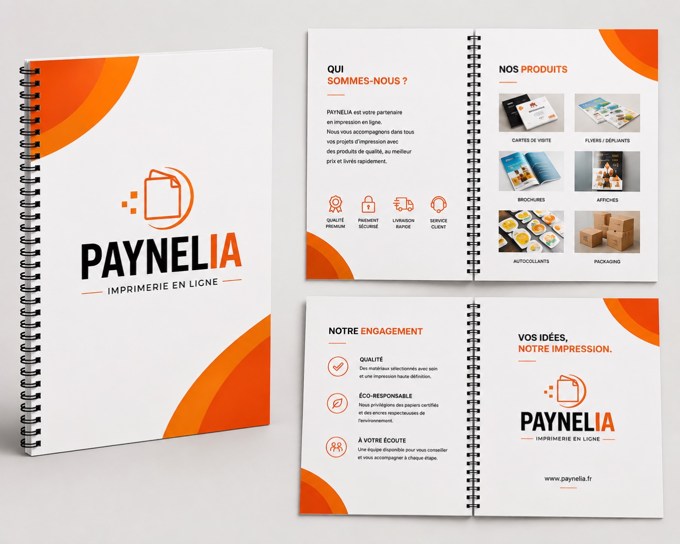 Brochure à reliure spirale Wire-O imprimée par Paynelia, couverture et doubles pages ouvertes à plat