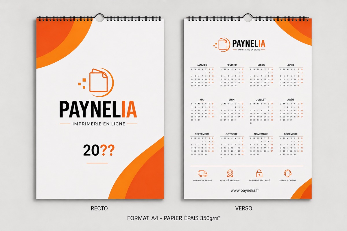 Calendrier publicitaire personnalisé A4 à spirale, recto logo et verso grille 12 mois, papier épais 350 g, imprimé par Paynelia