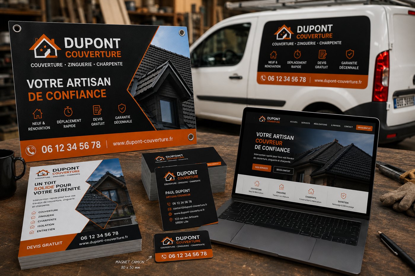 Panneau de chantier, flyers, cartes de visite, magnet véhicule et site web d’un artisan couvreur