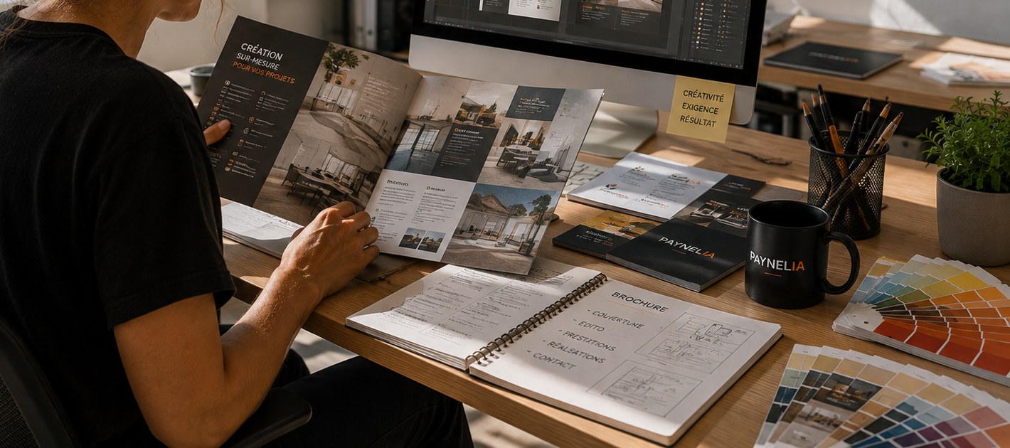 Brochure ouverte en double page et chemin de fer manuscrit — Paynelia