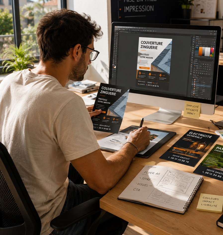 Graphiste composant un flyer A5 pour un artisan couvreur — Paynelia