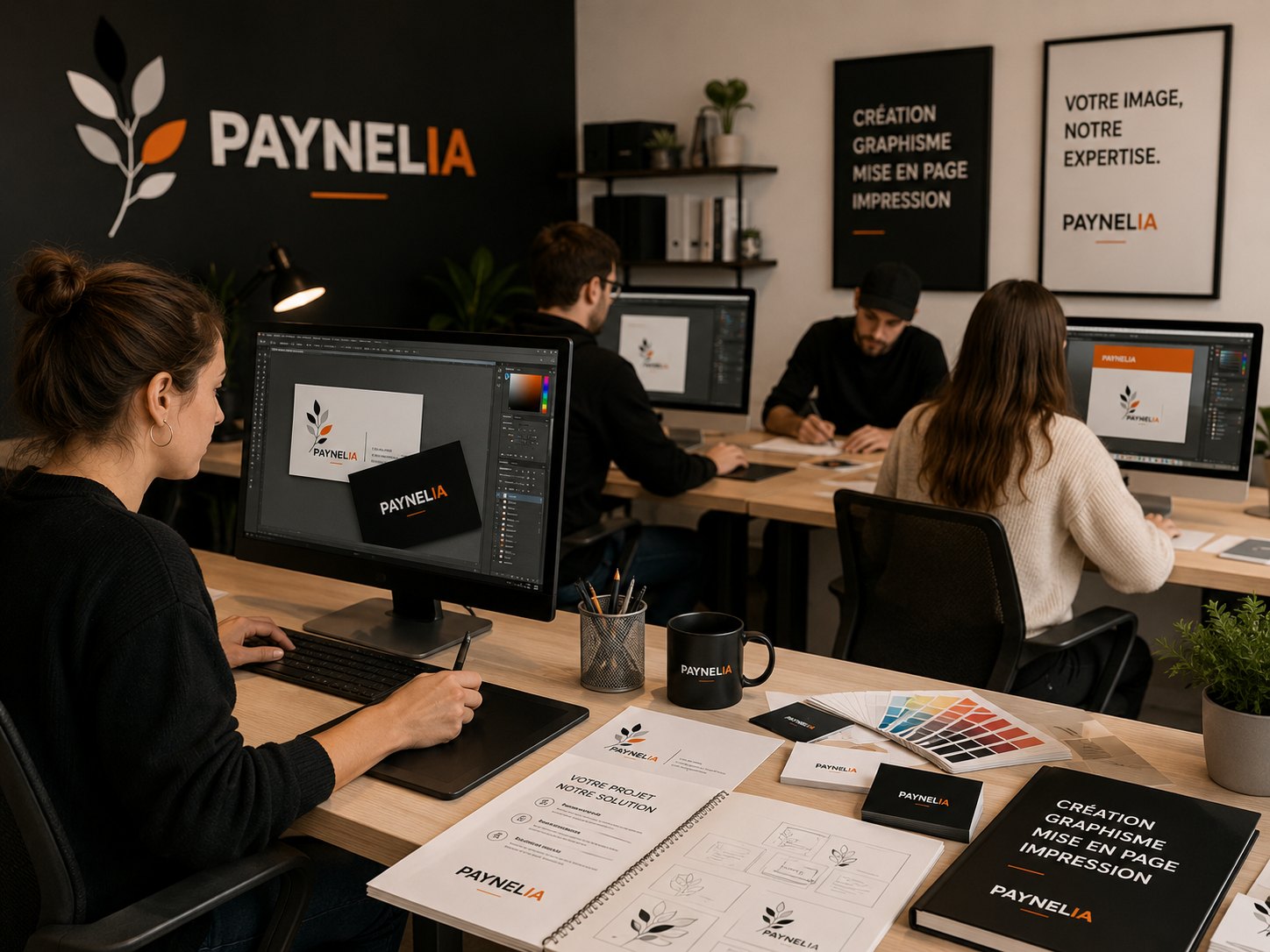 Les graphistes Paynelia composent cartes de visite, brochures et visuels sur écran