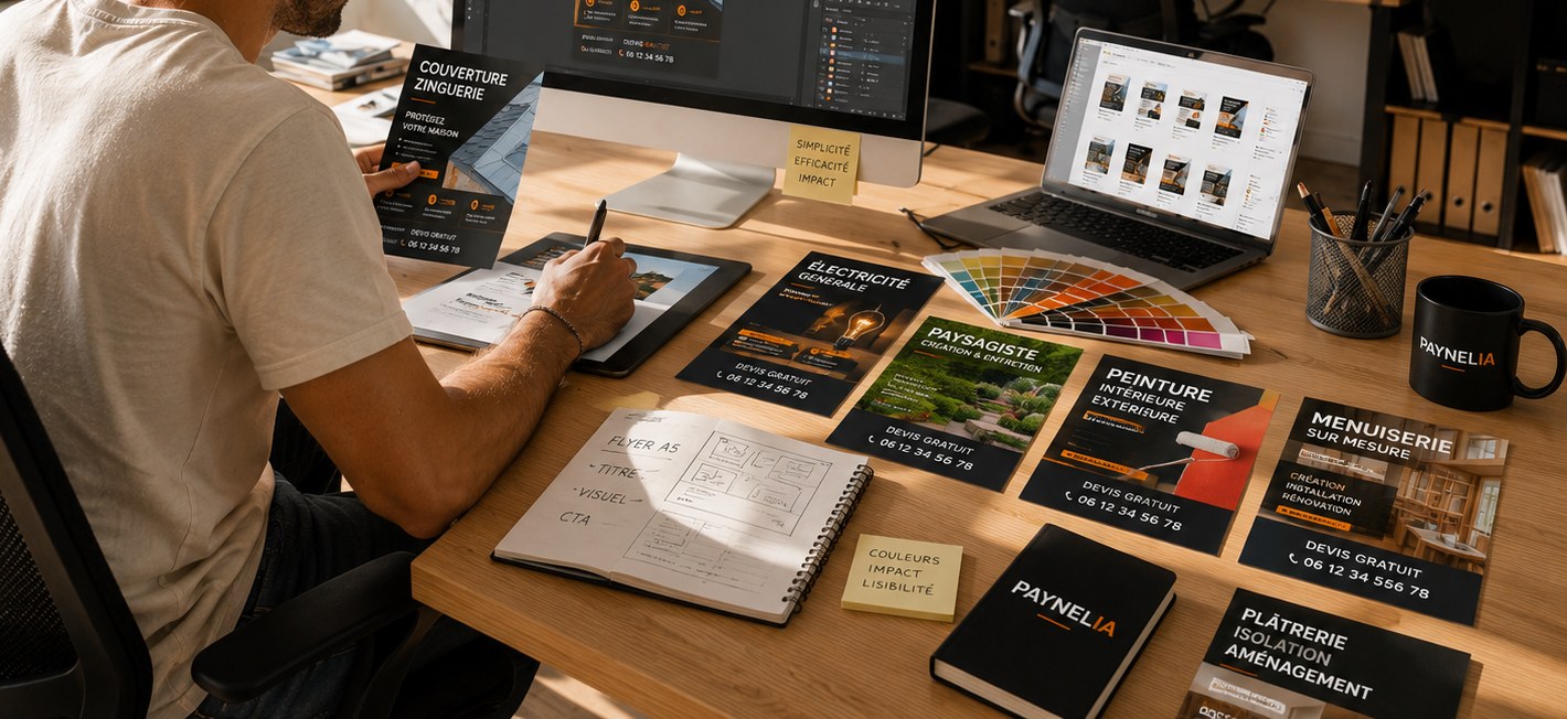 Plan de travail d’un graphiste : flyers d’artisans, nuancier et carnet de mise en page — Paynelia