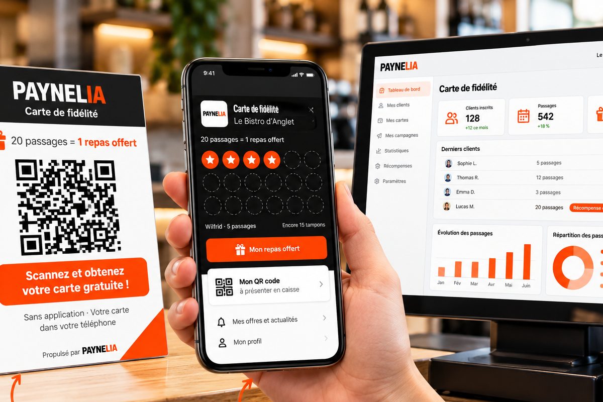 Chevalet avec QR sur le comptoir, carte de fidélité dans le téléphone et espace de gestion — Paynelia