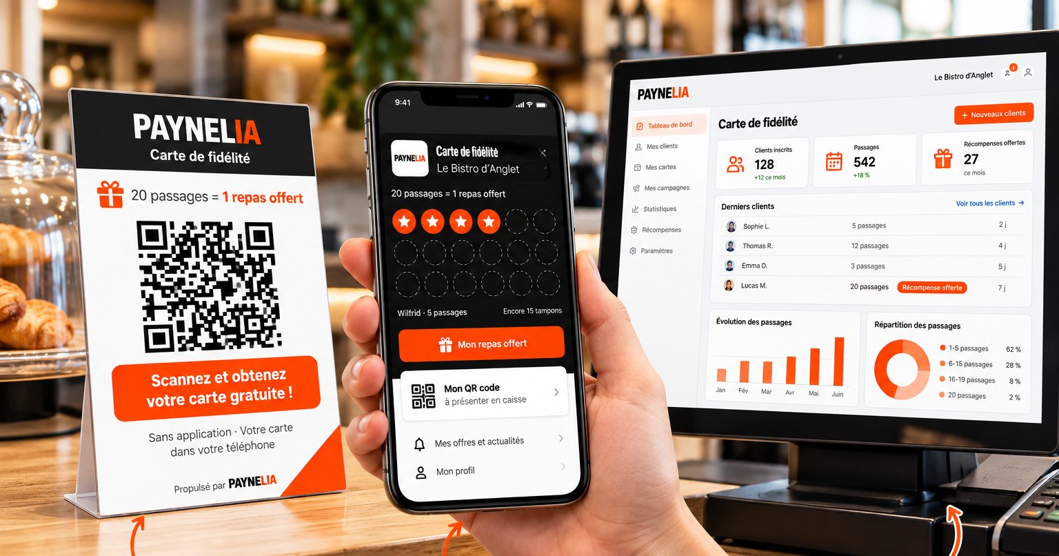 Carte de fidélité digitale Paynelia : le chevalet avec QR code sur le comptoir, la carte à tampons dans le téléphone du client et l'espace de gestion du commerçant sur ordinateur