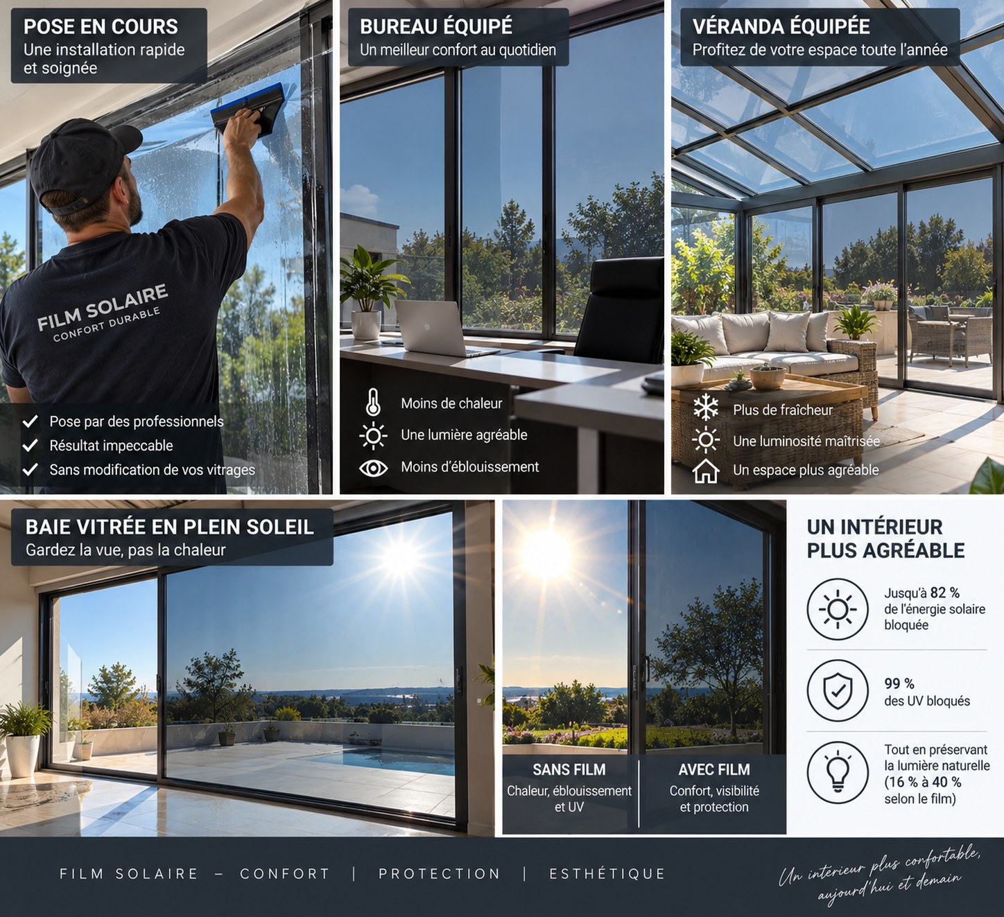 Film solaire en pose, bureau &eacute;quip&eacute;, v&eacute;randa &eacute;quip&eacute;e et baie vitr&eacute;e en plein soleil