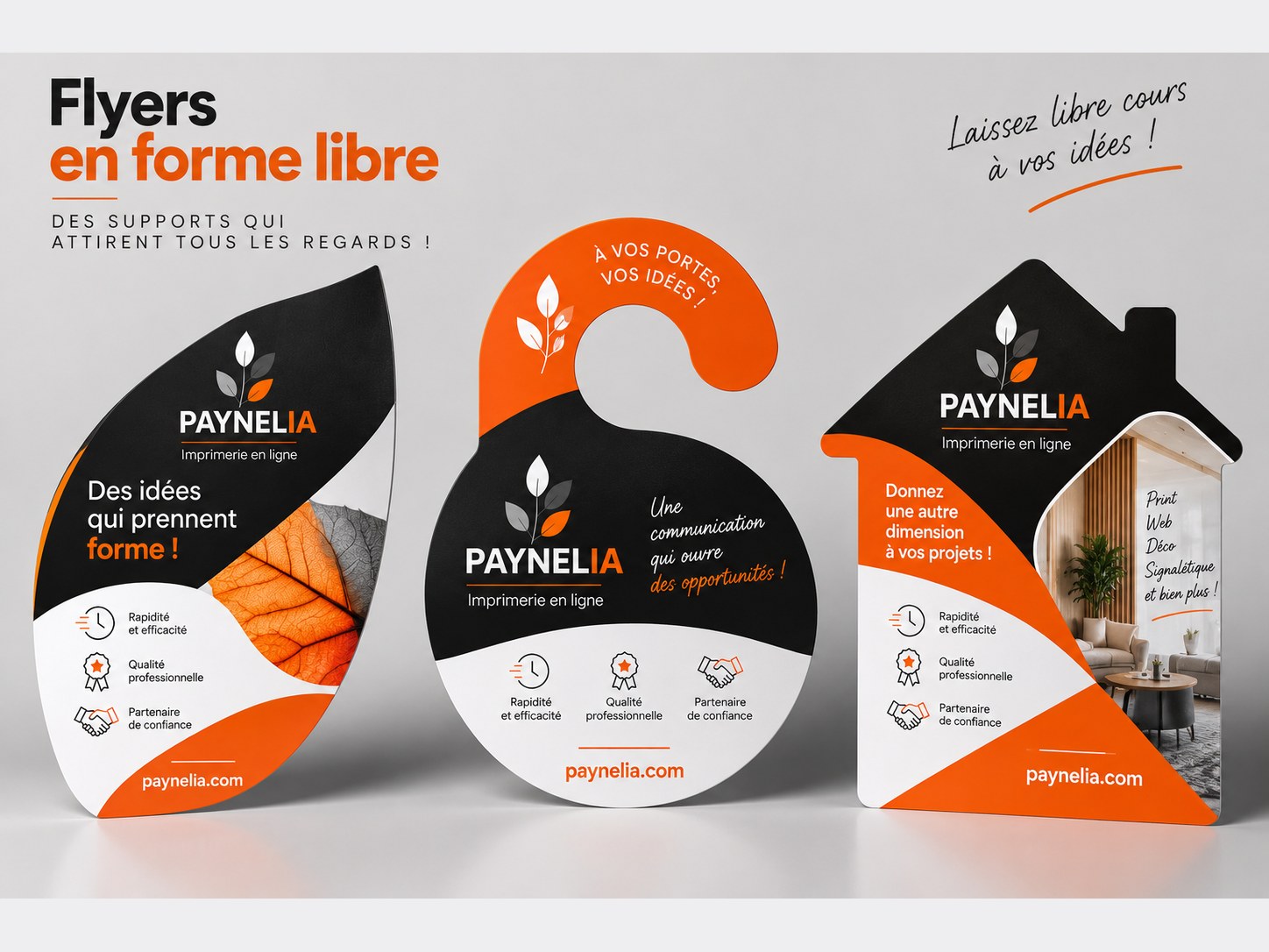 Flyers d&eacute;coup&eacute;s en forme libre : feuille, accroche-porte et maison