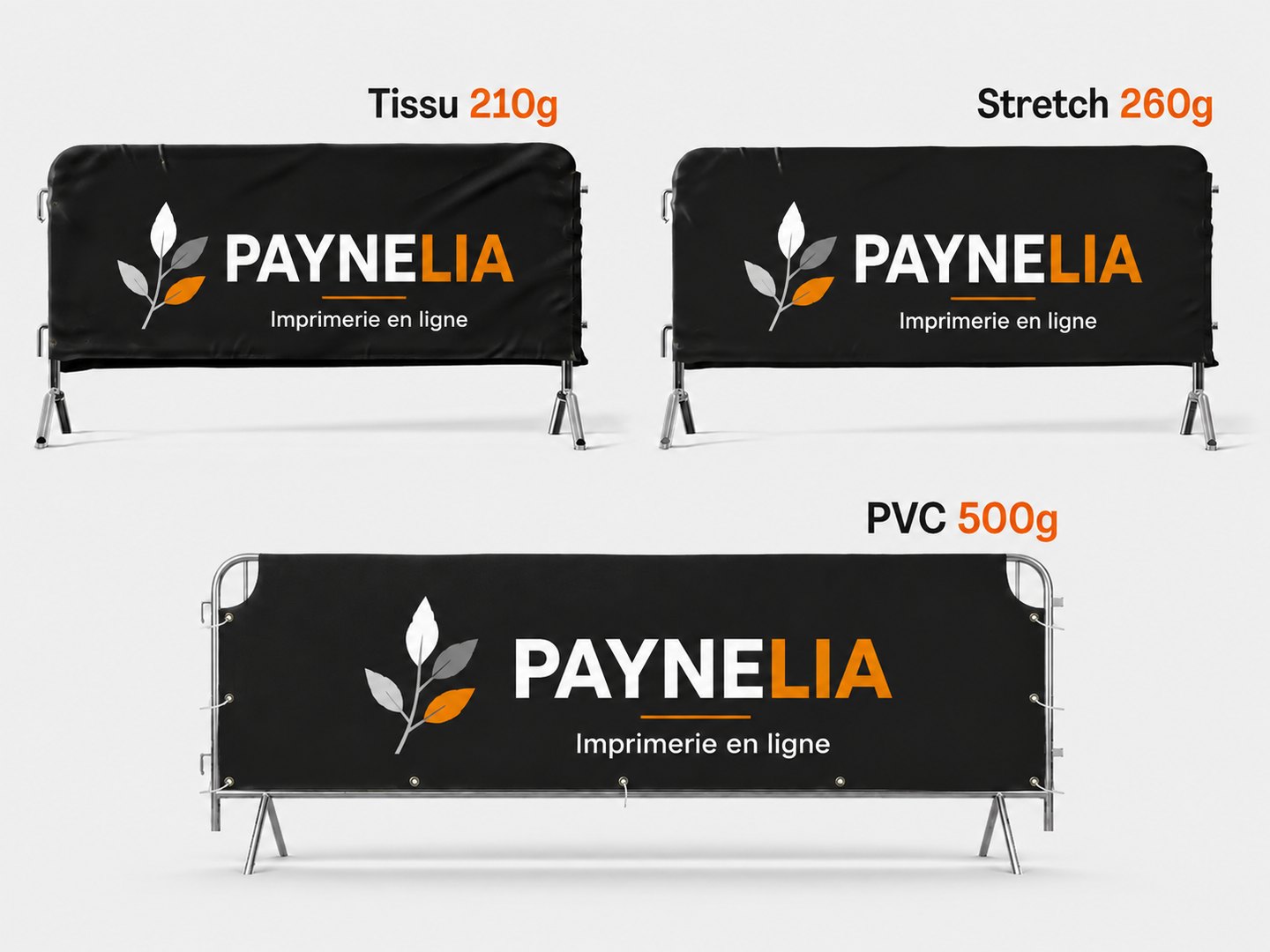 Habillages de barrière de sécurité Paynelia en tissu 210 g, stretch 260 g et PVC 500 g
