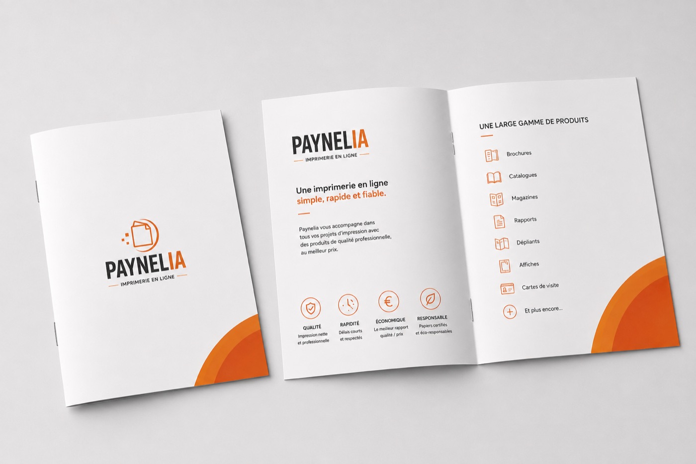 Brochure agrafée personnalisée ouverte sur une double page,
impression quadrichromie recto-verso sur papier couché — Paynelia