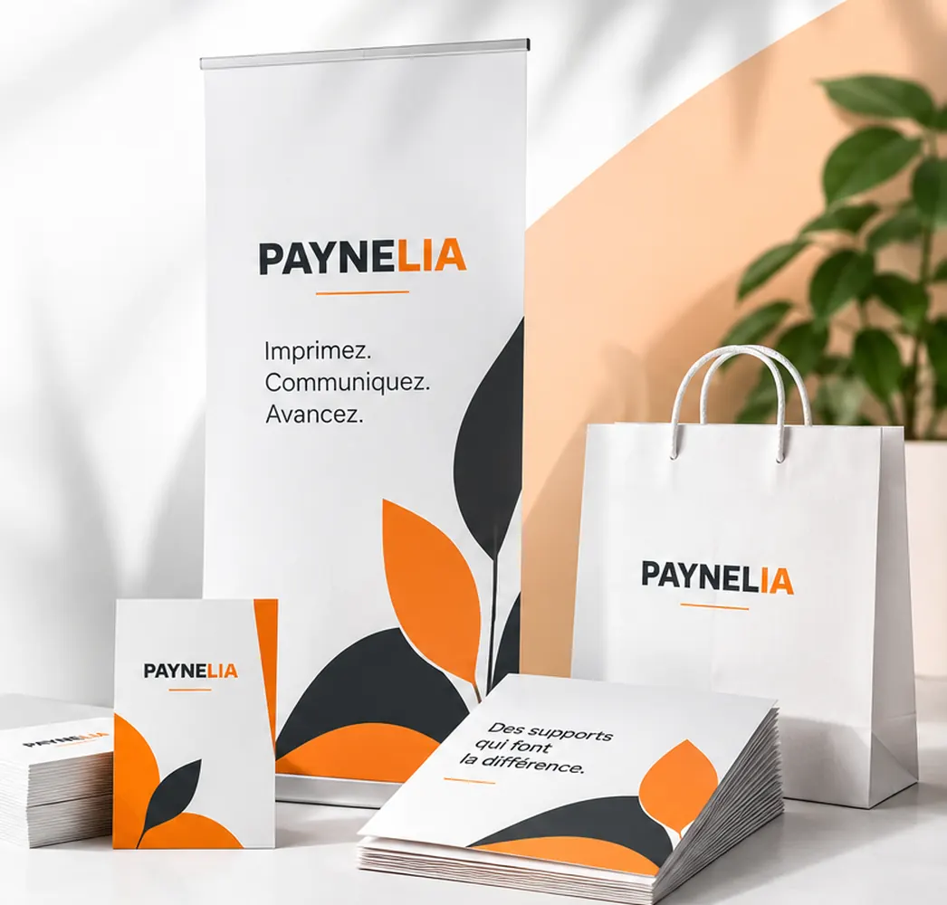 Roll-up, cartes de visite, dépliants et sac papier personnalisés imprimés par Paynelia, imprimerie en ligne