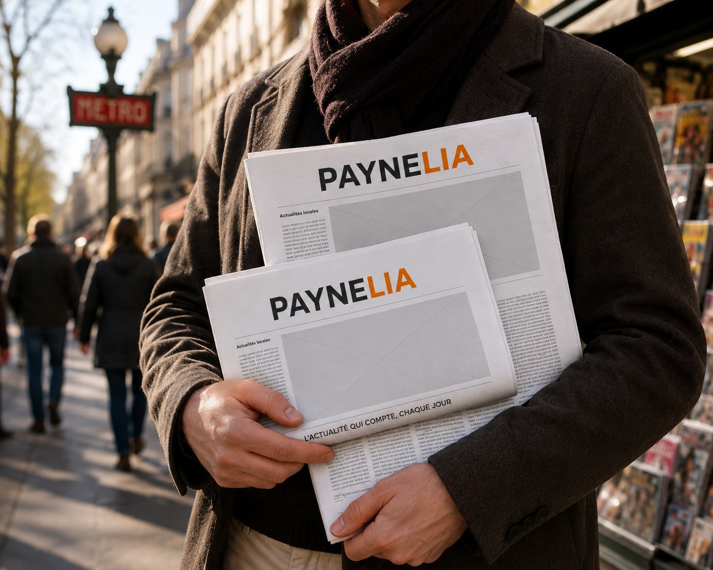 Un homme tient deux journaux personnalisés Paynelia au format rhénan devant un kiosque parisien