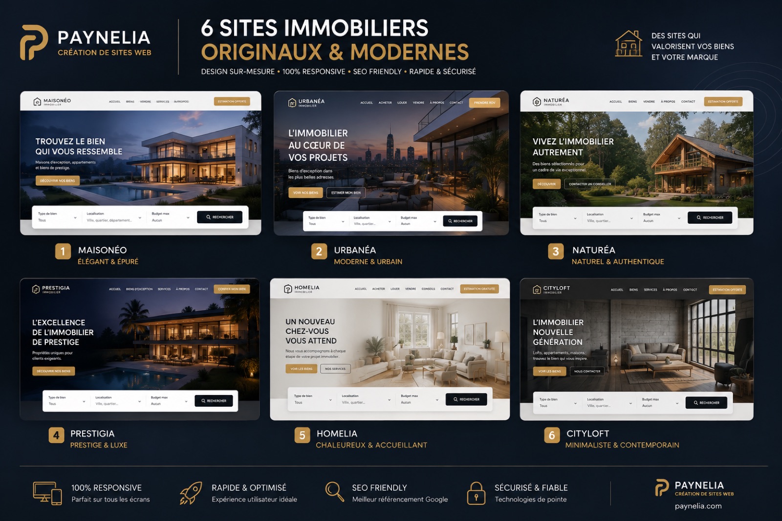 Six modèles de sites immobiliers Paynelia : Maisonéo, Urbanéa, Naturéa, Prestigia, Homelia et Cityloft