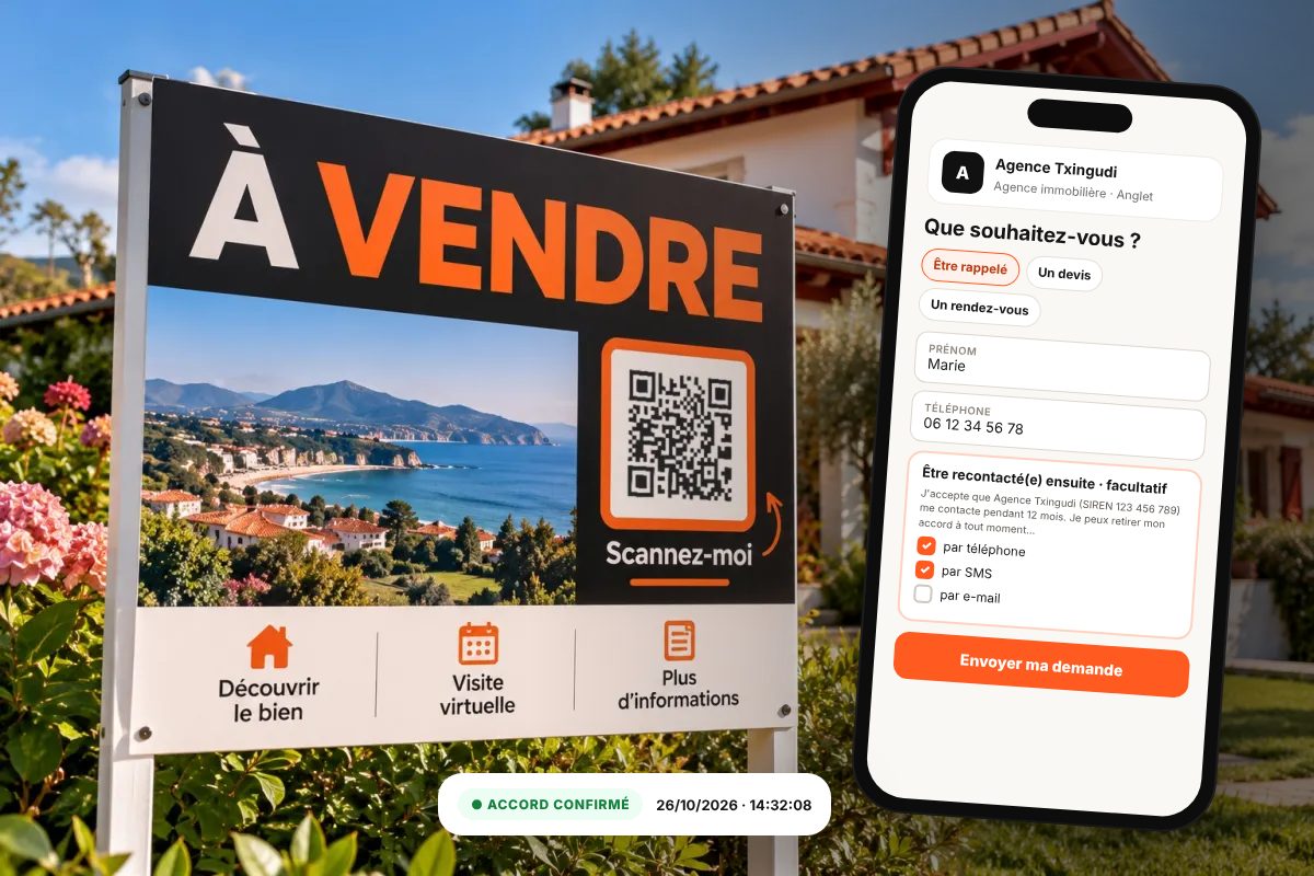 Panneau « À vendre » avec un QR et formulaire de demande avec accord de contact sur téléphone — Ouilia, Paynelia