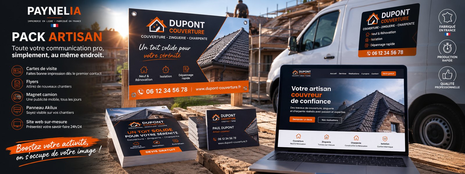Pack artisan Paynelia : cartes de visite, flyers, magnet véhicule, panneau de chantier Akilux et site web pour un couvreur