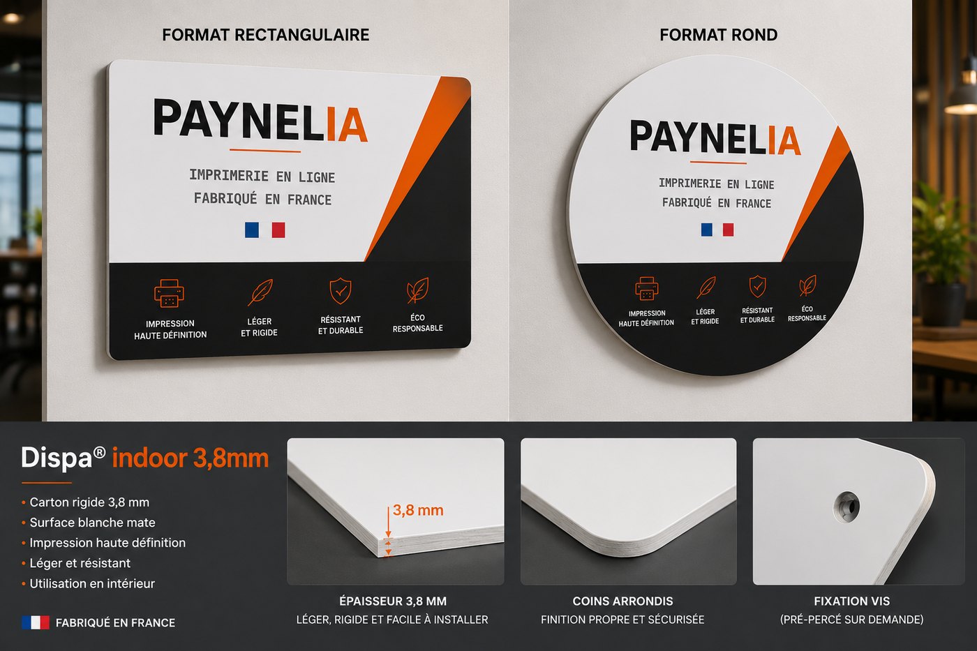 Panneau Dispa® indoor 3,8 mm en carton alvéolaire recyclable, signalétique de salon — Paynelia