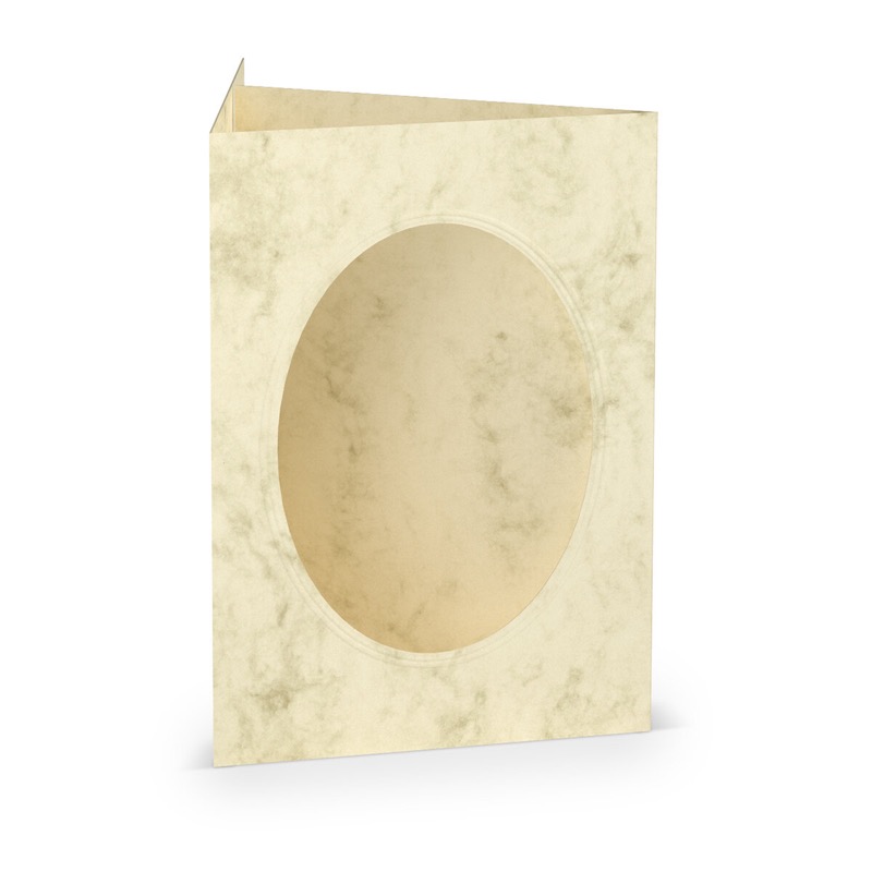 cartes passe partout (portrait) colorées - crème (chamois marbré) 120 x 169 mm (din b6) | 220 g/m² offset (paperado) | passe-partout ovale 8,7 x 11,2 cm | pas de fermeture | pas de rabat | 50 pièces