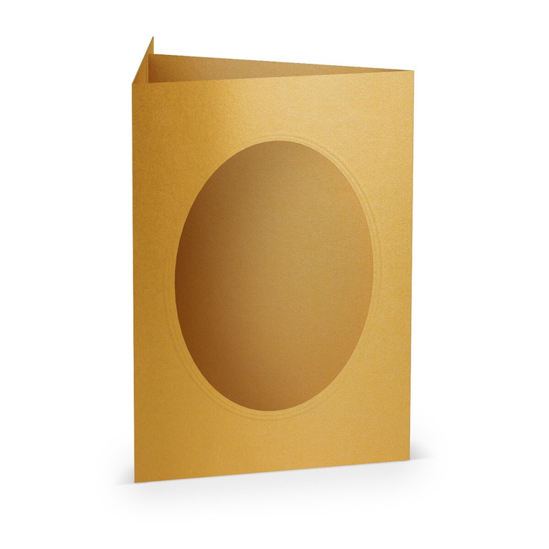 cartes passe partout (portrait) colorées - doré 120 x 169 mm (din b6) | 220 g/m² offset (paperado) | passe-partout ovale 8,7 x 11,2 cm | pas de fermeture | pas de rabat | 50 pièces