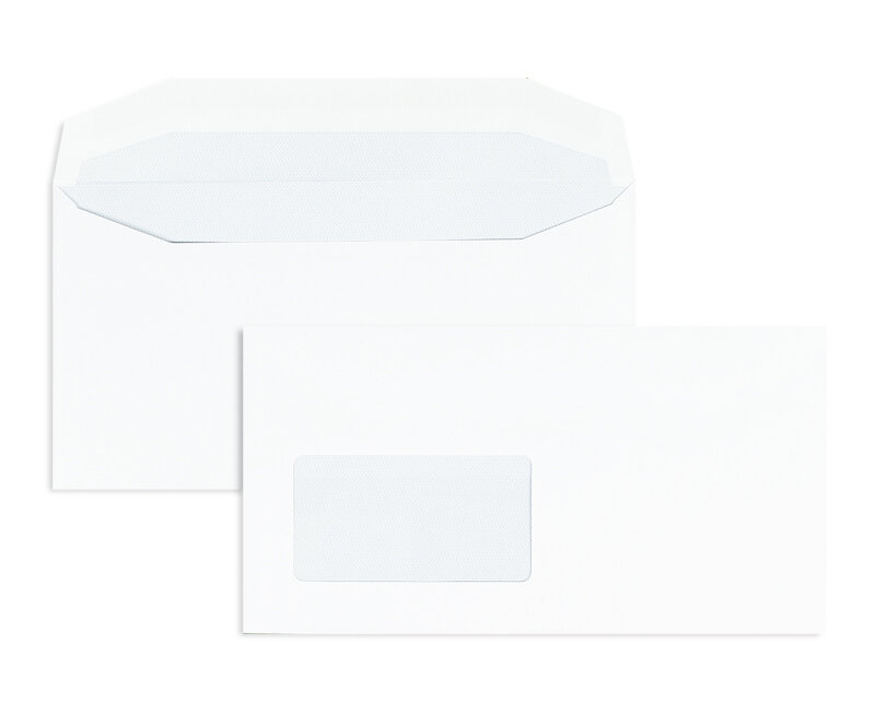 enveloppe de mise sous pli blanc 110 x 220 mm (dl) | 90 g/m² offset | avec fenêtre | fermeture gommée | rabat trapézoïdal | 1000 pièces