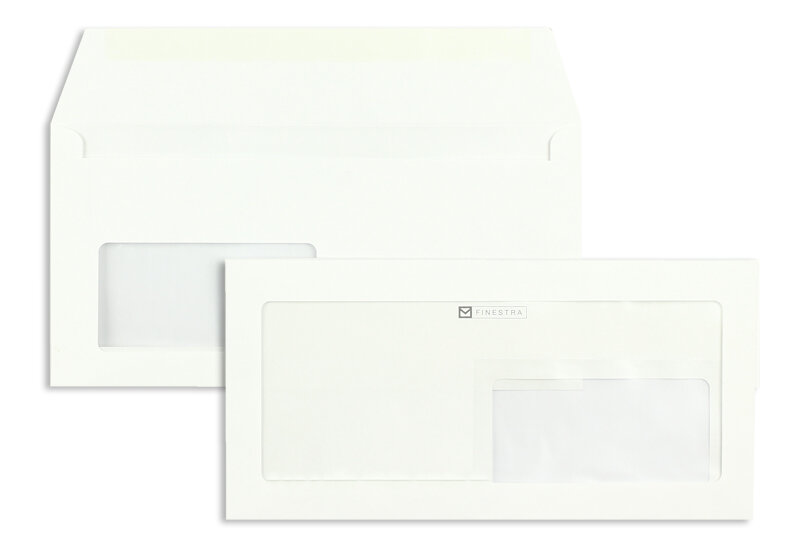 enveloppes avec fenêtre publicitaire blanc 110 x 220 mm (dl) | 90 g/m² offset | 2 fenêtres | fermeture gommée | rabat droit | 500 pièces