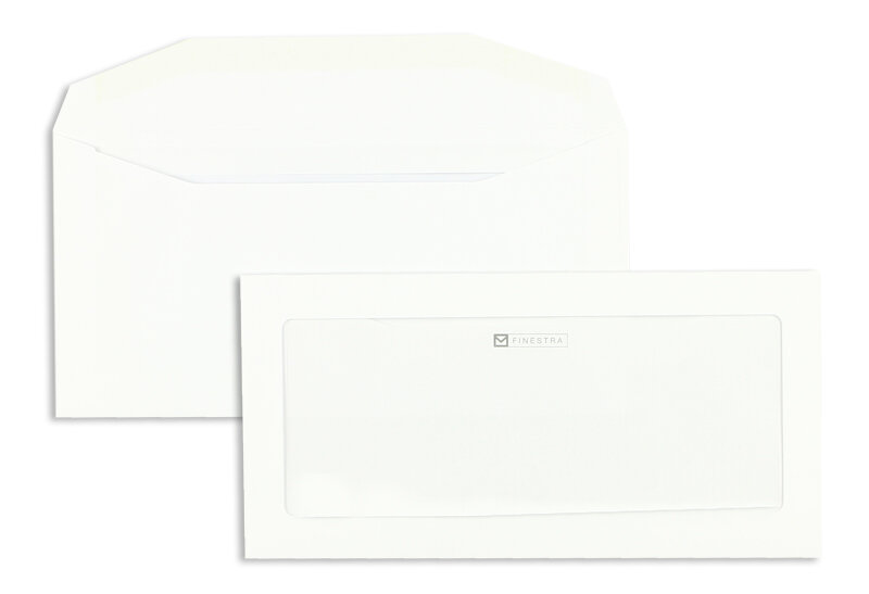 enveloppes avec fenêtre publicitaire blanc 110 x 220 mm (dl) | 90 g/m² offset | avec fenêtre | fermeture gommée | rabat trapézoïdal | 500 pièces