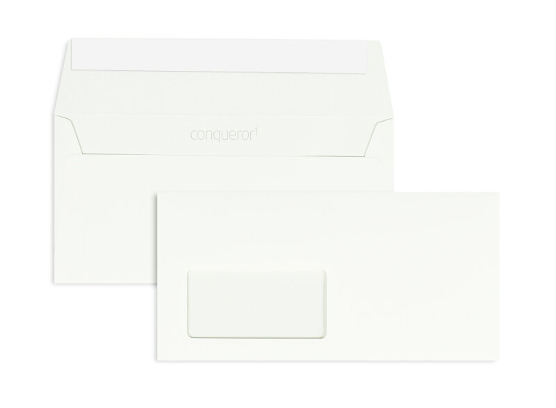 enveloppes blanc 110 x 220 mm (dl) | 120 g/m² conqueror smooth cx22 | avec fenêtre | fermeture adhésive | rabat droit | 500 pièces
