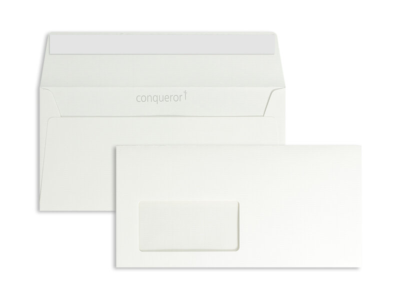 enveloppes blanc 110 x 220 mm (dl) | 120 g/m² conqueror texture | avec fenêtre | fermeture adhésive | rabat droit | 500 pièces