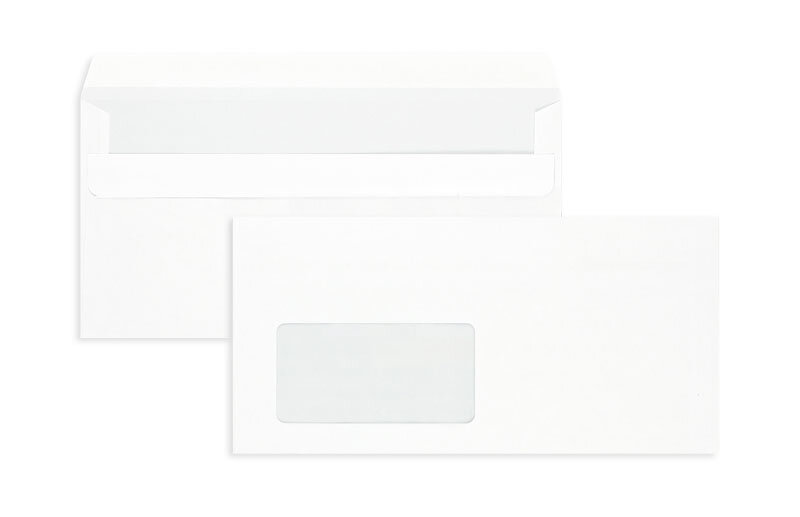 enveloppes blanc 110 x 220 mm (dl) | 75 g/m² offset | avec fenêtre | fermeture autocollante | rabat droit | 1000 pièces