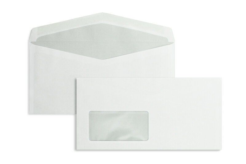 enveloppes blanc 110 x 220 mm (dl) | 75 g/m² offset | avec fenêtre | fermeture gommée | rabat pointu | 1000 pièces