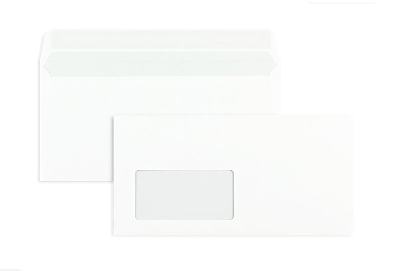 enveloppes blanc 110 x 220 mm (dl) | 80 g/m² offset | avec fenêtre | fermeture adhésive | rabat droit | 1000 pièces