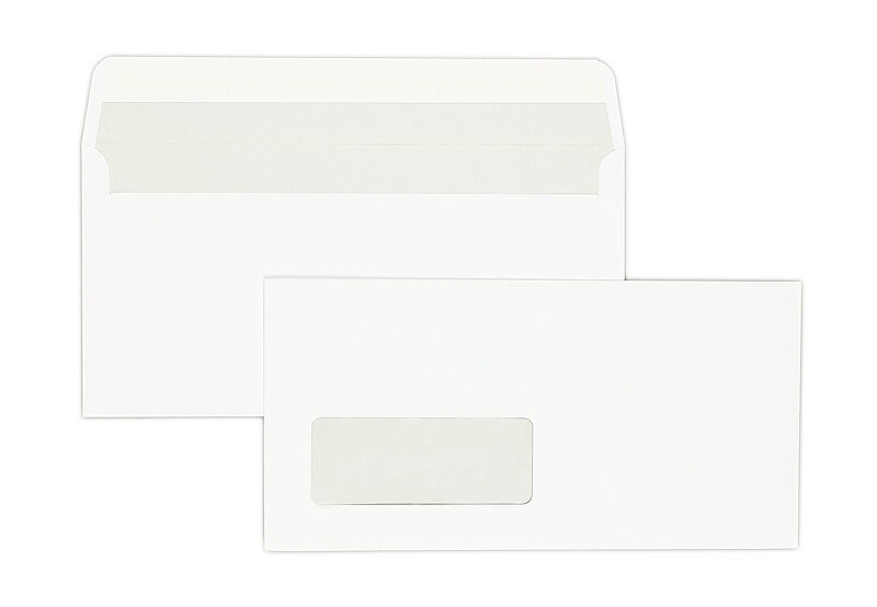 enveloppes blanc (blanc d'hiver) 110 x 220 mm (dl) | 120 g/m² offset | avec fenêtre | fermeture adhésive | rabat droit | 500 pièces