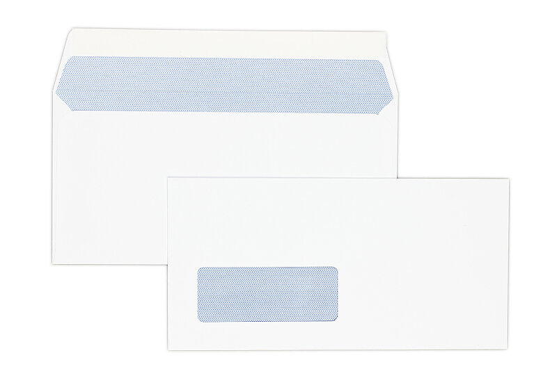 enveloppes blanc (blanc d'hiver) 110 x 220 mm (dl) | 120 g/m² offset | avec fenêtre | fermeture adhésive | rabat droit | 500 pièces
