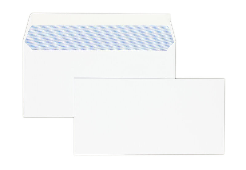 enveloppes blanc (blanc d'hiver) 110 x 220 mm (dl) | 120 g/m² offset | sans fenêtre | fermeture adhésive | rabat droit | 500 pièces
