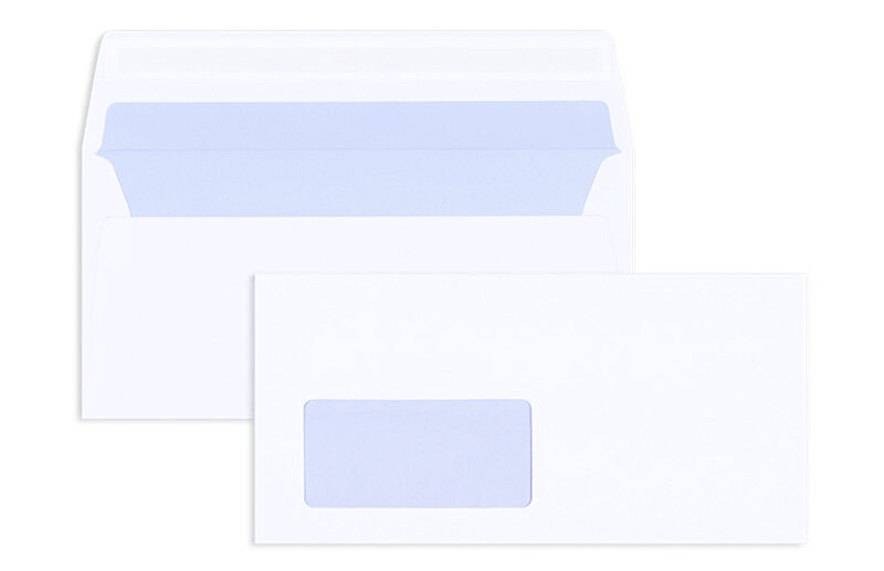 enveloppes blanc (blanc d'hiver) 110 x 220 mm (dl) | 90 g/qm mat | avec fenêtre | fermeture adhésive | 500 pièces