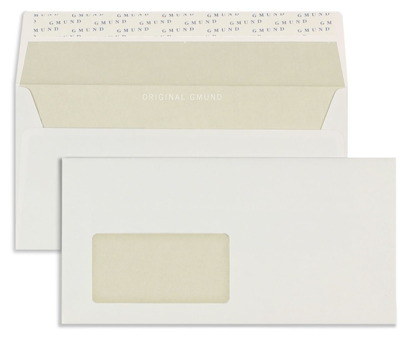 enveloppes blanc (blanc france) 110 x 220 mm (dl) | 120 g/m² gmund premium smooth | avec fenêtre | fermeture adhésive | rabat droit | 250 pièces