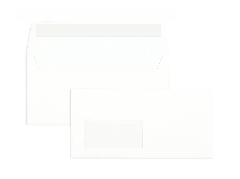 enveloppes blanc (blanc très brillant) 110 x 220 mm (dl) | 120 g/m² conqueror smooth cx22 | avec fenêtre | fermeture adhésive | rabat droit | 500 pièces