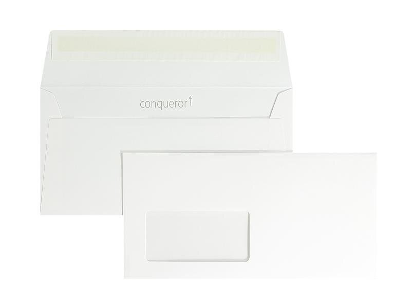 enveloppes blanc (blanc très brillant) 110 x 220 mm (dl) | 120 g/m² conqueror smooth/lisse | avec fenêtre | fermeture adhésive | rabat droit | 500 pièces