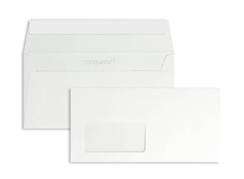 enveloppes blanc (blanc très brillant) 110 x 220 mm (dl) | 120 g/m² conqueror texture | avec fenêtre | fermeture adhésive | rabat droit | 500 pièces