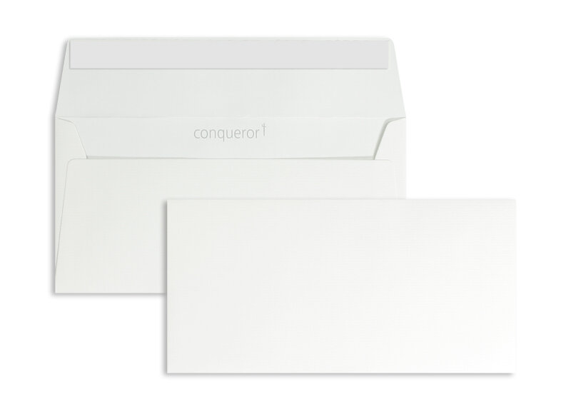 enveloppes blanc (blanc très brillant) 110 x 220 mm (dl) | 120 g/m² conqueror texture | sans fenêtre | fermeture adhésive | rabat droit | 500 pièces