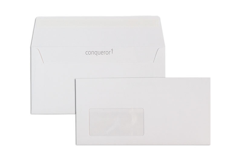 enveloppes blanc (très blanc) 110 x 220 mm (dl) | 120 g/m² conqueror smooth cx22 | avec fenêtre | fermeture adhésive | rabat droit | 500 pièces
