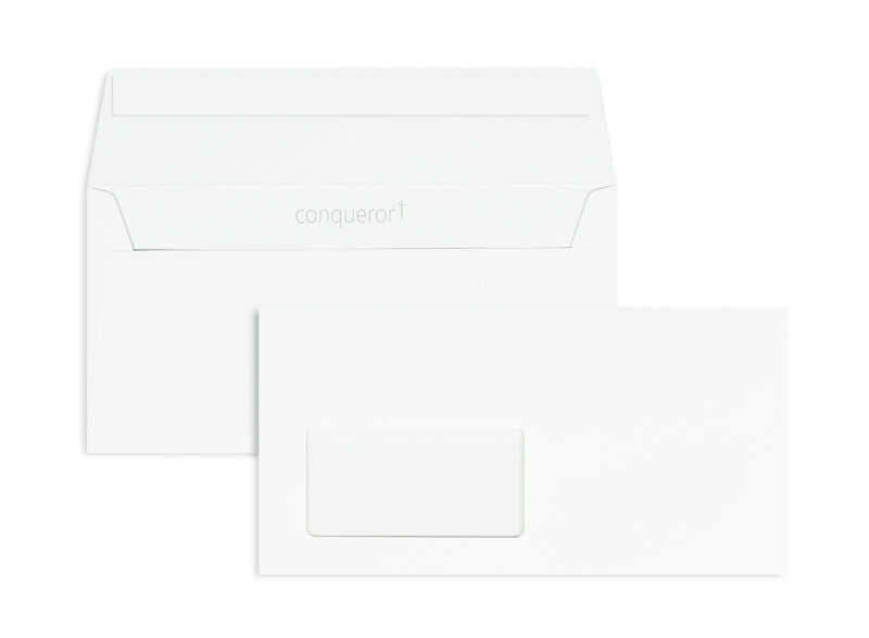 enveloppes blanc (très blanc) 110 x 220 mm (dl) | 120 g/m² conqueror smooth/lisse | avec fenêtre | fermeture adhésive | rabat droit | 500 pièces