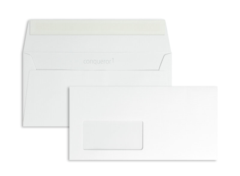 enveloppes blanc (très blanc) 110 x 220 mm (dl) | 120 g/m² conqueror texture | avec fenêtre | fermeture adhésive | rabat droit | 500 pièces