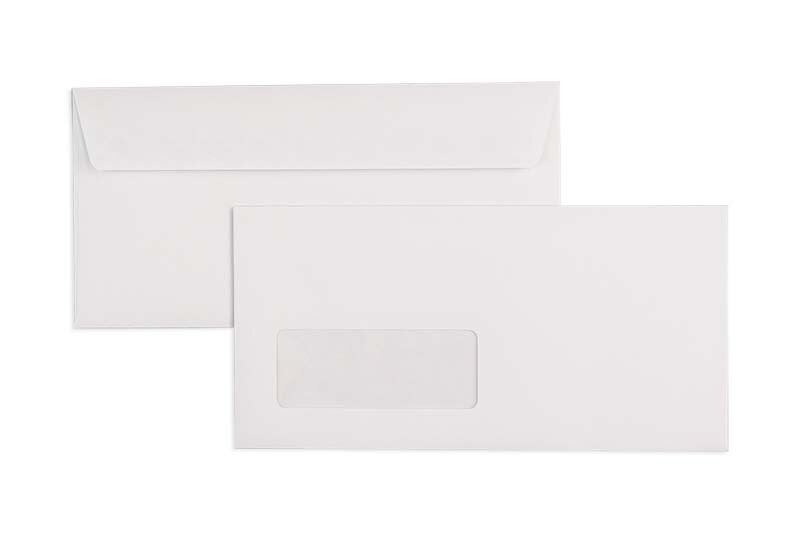 enveloppes blanc (très blanc) 110 x 220 mm (dl) | 135 g/m² mat | avec fenêtre | fermeture adhésive | rabat droit | 500 pièces