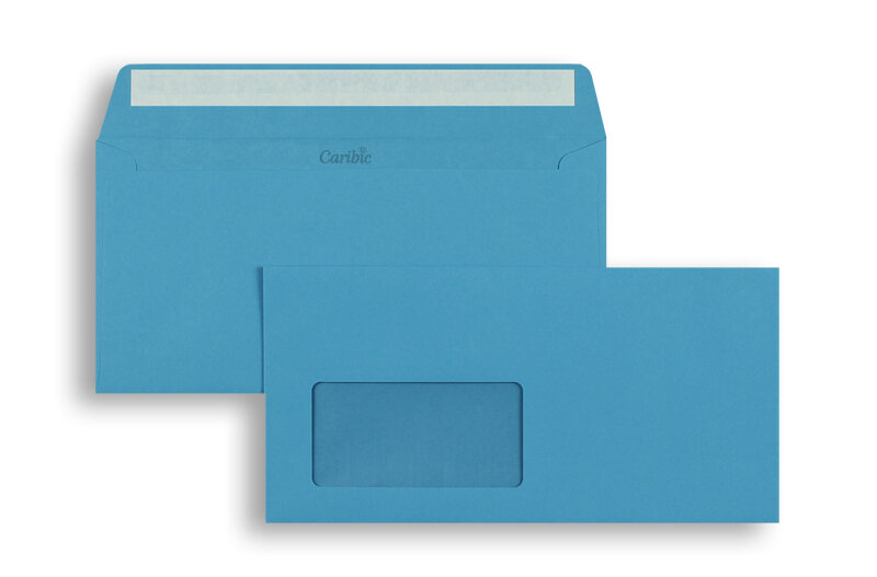 enveloppes colorées bleu (bleu azur) 110 x 220 mm (dl) | 90 g/m² caribic | avec fenêtre | fermeture adhésive | rabat droit | 250 pièces