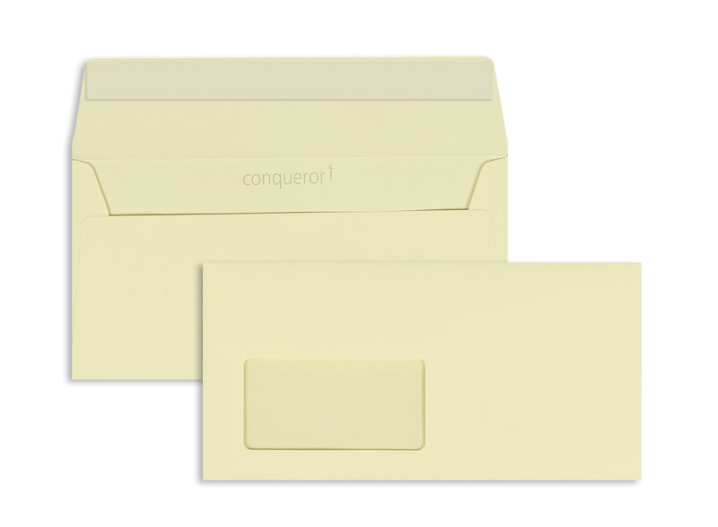 enveloppes colorées crème 110 x 220 mm (dl) | 120 g/m² conqueror smooth/lisse | avec fenêtre | fermeture adhésive | rabat droit | 500 pièces