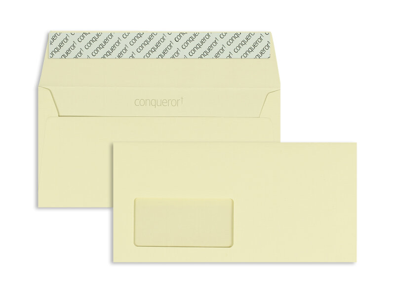 enveloppes colorées crème 110 x 220 mm (dl) | 120 g/m² conqueror texture | avec fenêtre | fermeture adhésive | rabat droit | 500 pièces