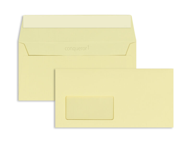 enveloppes colorées crème (chamois) 110 x 220 mm (dl) | 120 g/m² conqueror texture | avec fenêtre | fermeture adhésive | rabat droit | 500 pièces