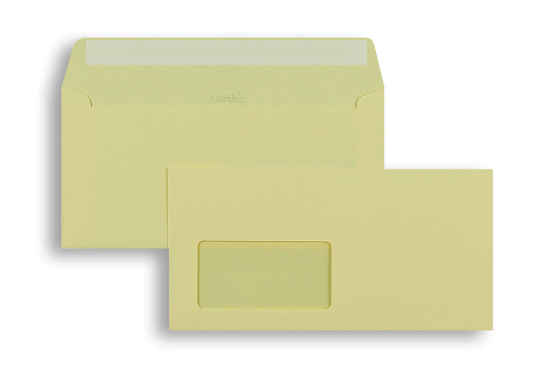 enveloppes colorées crème (chamois) 110 x 220 mm (dl) | 90 g/m² caribic | avec fenêtre | fermeture adhésive | rabat droit | 250 pièces