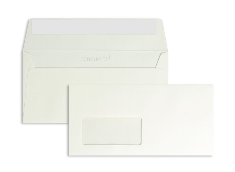 enveloppes colorées crème (nacré) 110 x 220 mm (dl) | 120 g/m² conqueror texture | avec fenêtre | fermeture adhésive | rabat droit | 500 pièces